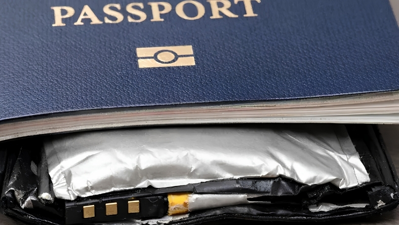 Close-up of a passport cover beside a lithium battery pack with a silver pouch and gold contact pins